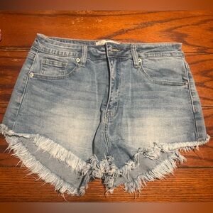 Fashion Nova Blue Distressed Jean Shorts with Raw Hem